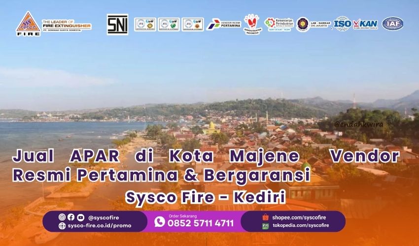 Jual APAR di Majene, APAR Majene Sulbar, Vendor APAR Majene, Tabung pemadam kebakaran Majene, Harga APAR 6 kg Majene, Isi ulang APAR Majene, Service APAR Sulawesi Barat. APAR original, APAR untuk SPBU, APAR untuk kantor, APAR untuk rumah, APAR Powder, APAR CO2, distributor APAR resmi, jasa pemadam kebakaran, pelatihan kebakaran, sertifikasi APAR di Kota Majene, Syscofire di Kota Majene