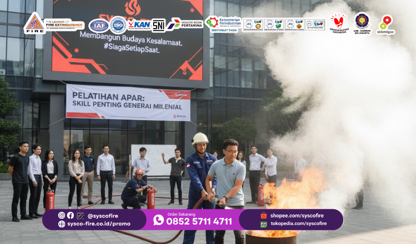 pelatihan apar, training apar milenial, sertifikasi apar, biaya pelatihan apar, apar sysco fire, keselamatan kerja, budaya kerja modern